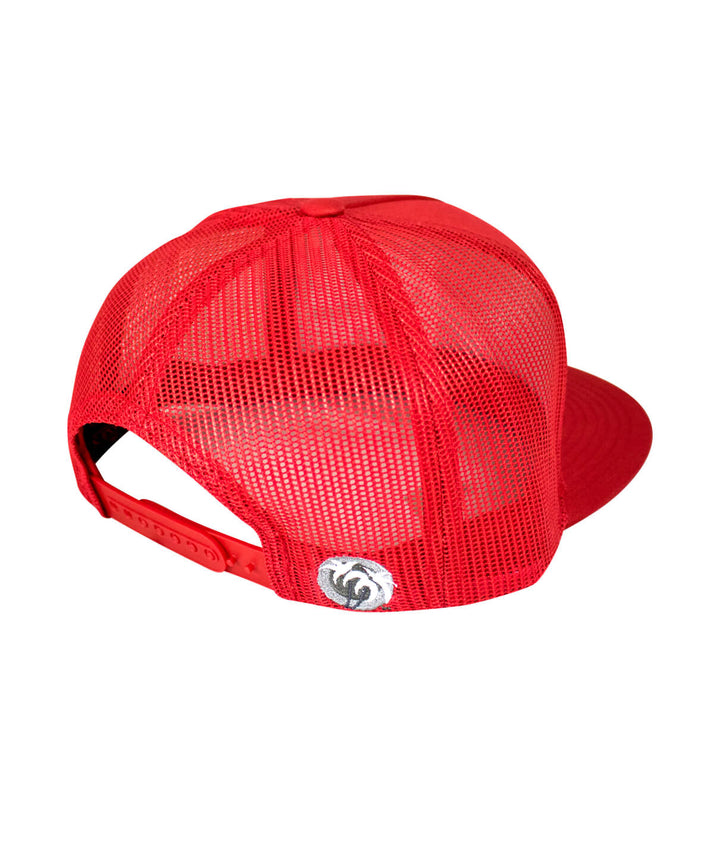 Back view of CR-Ride trucker hat showing red mesh and classic palm logo embroidered on the back.
