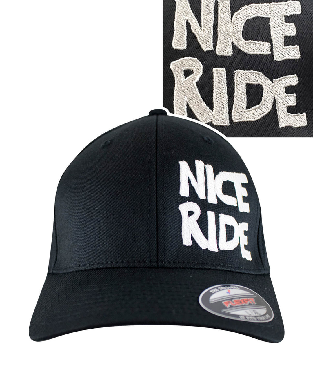 CR Ride Black Classic Flexfit Hat with embroidered NICE RIDE text on the front, cap designed for comfort and style.