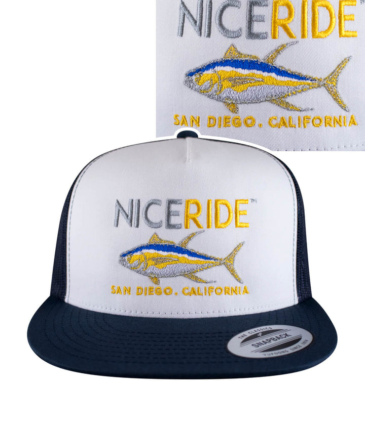 NICERIDE hat with embroidered fish design, snapback style, featuring San Diego, California detail.