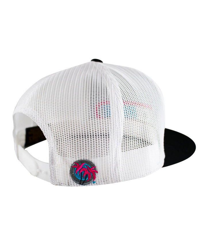 Back view of NICERIDE The Tube Trucker Hat showcasing embroidered design and mesh structure.