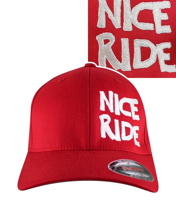 CR RIDE classic Flexfit baseball cap in red with NICE RIDE design on front panel and embroidered logo on back.