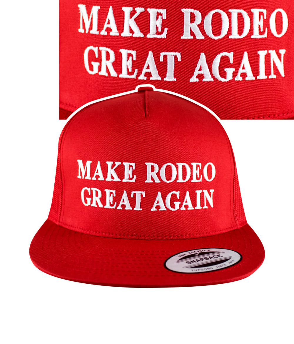 Red trucker hat with 'Make Rodeo Great Again' embroidered on the front, showcasing NICERIDE's classic logo.