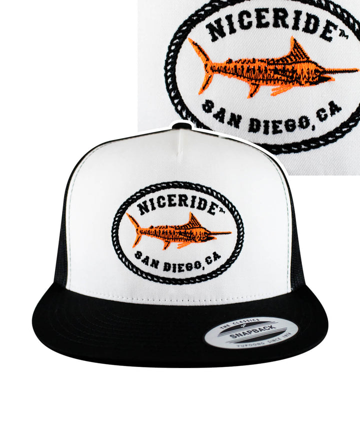 Reeling It In Trucker Hat, classic snapback hat with NICERIDE design, embroidered fishing cap, white and black color.