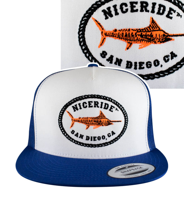 Reeling It In Trucker Hat featuring NICERIDE embroidered logo, classic snapback baseball cap, perfect fishing hat.