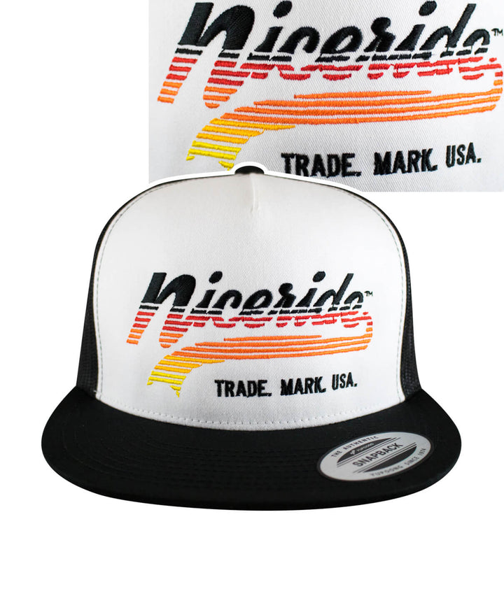 Raw Hide Trucker Hat featuring NICERIDE embroidered logo, classic snapback style for stylish headwear.