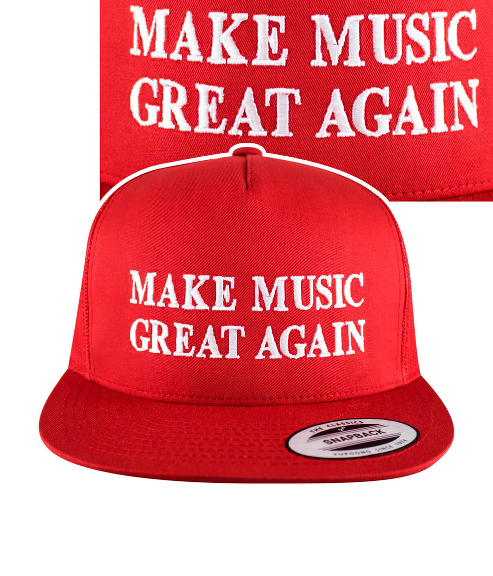 Red trucker hat with "Make Music Great Again" embroidered on the front, perfect for music lovers.