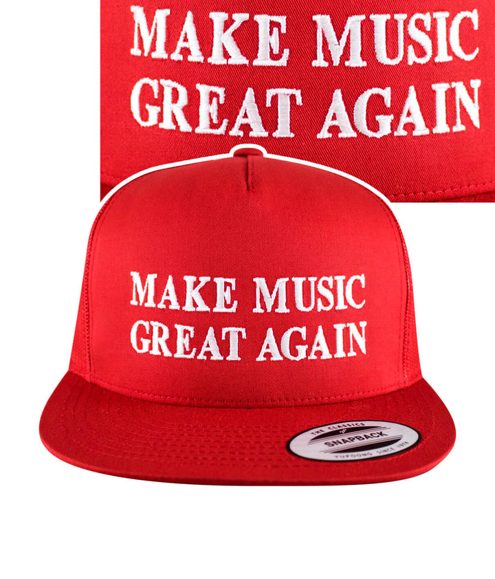 Red trucker hat with "Make Music Great Again" embroidered on the front, perfect for music lovers.