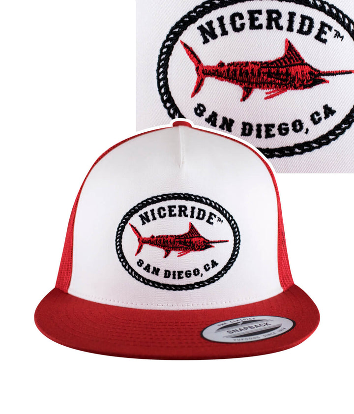Reeling It In Trucker Hat, embroidered fishing hat with NICERIDE logo, classic snapback style.