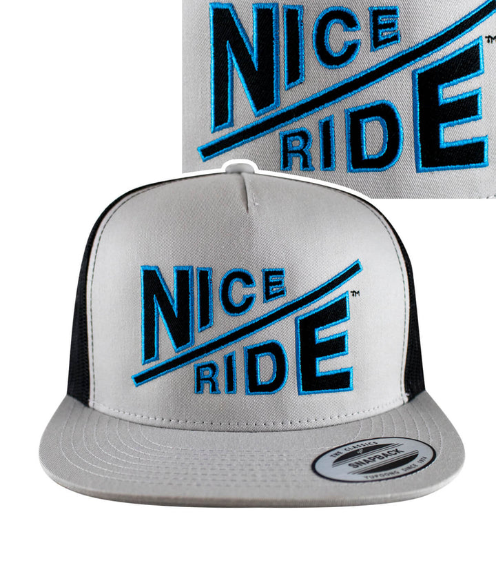 Hypnotize trucker hat with NICERIDE design, gray front, classic palm logo, 6006 snapback hat style.