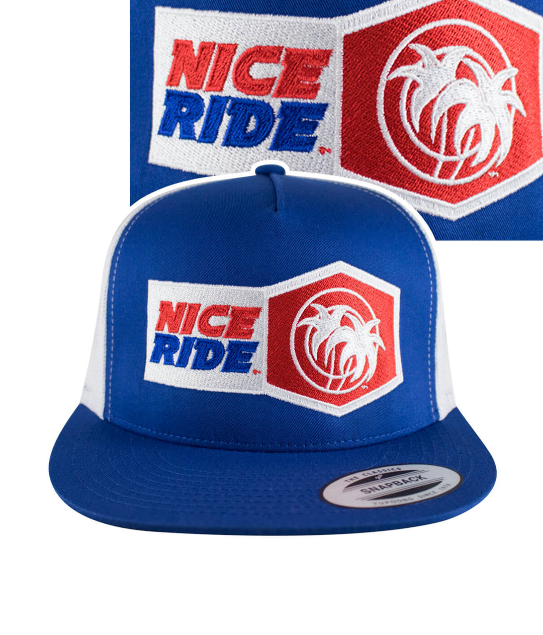 Socket Trucker Baseball hat featuring NICERIDE design embroidered on front and palm logo on back.
