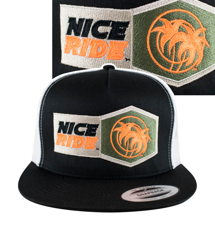 Nice Ride Trucker Hat featuring vibrant embroidery and a classic snapback design, showcasing the hat style with quality craftsmanship.
