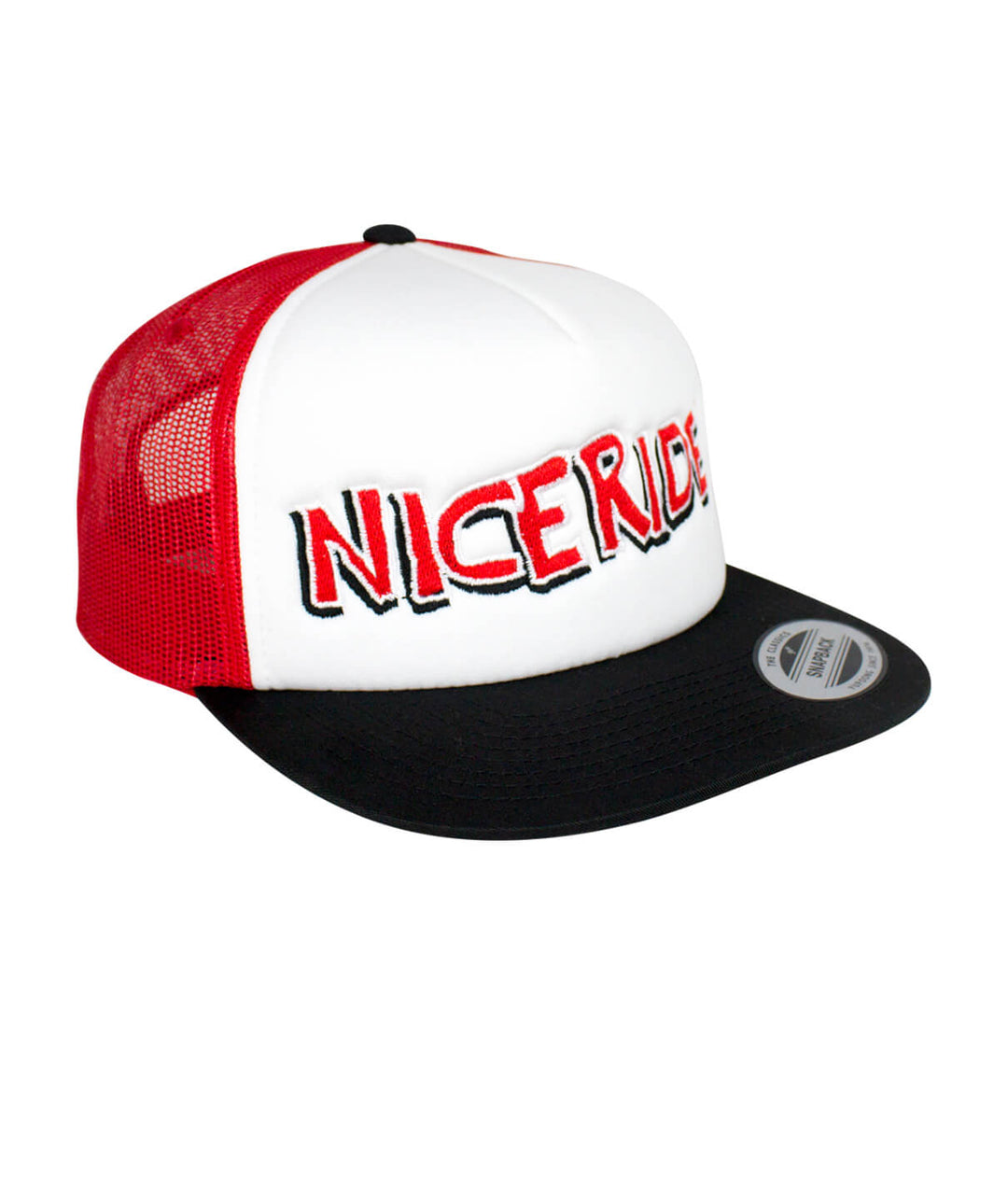 Bed Rock Foam Trucker Hat featuring NICERIDE logo, black visor, red mesh back, perfect baseball cap.