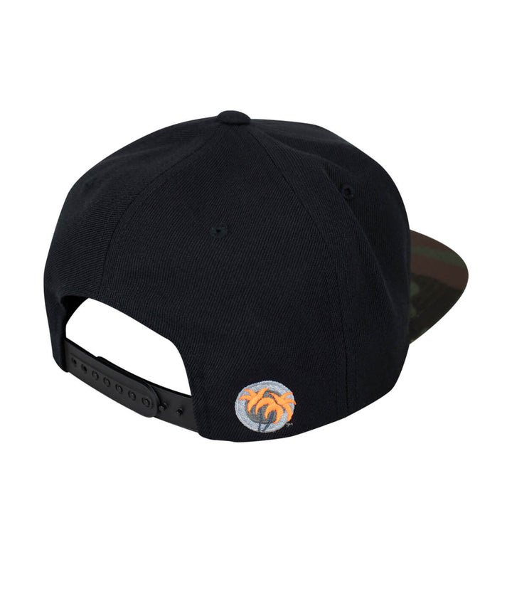 Back view of the Half Pipe flatbill snapback hat featuring palm logo embroidered on black fabric.