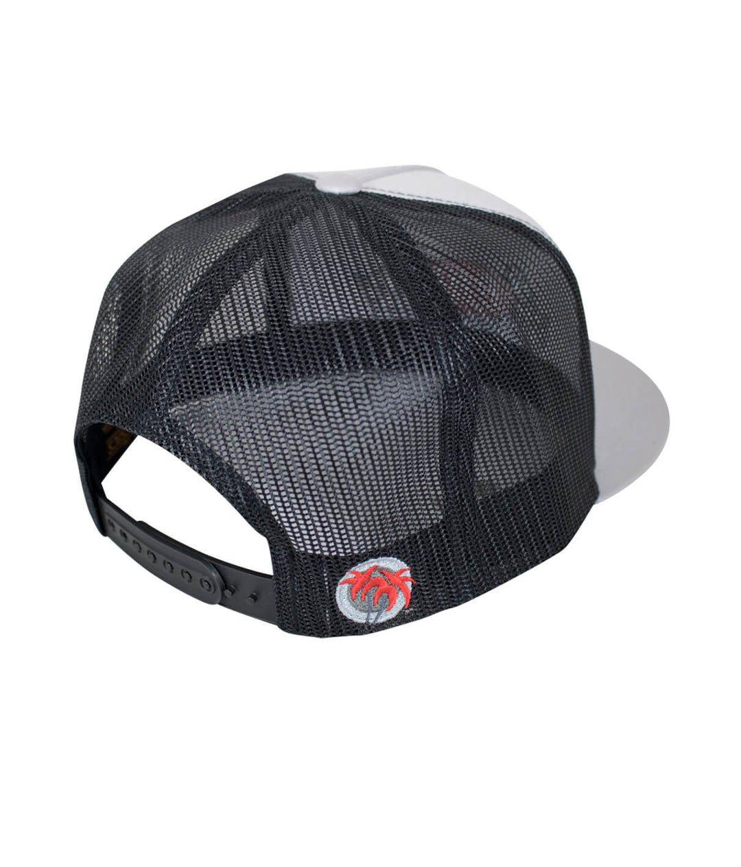 Back view of 619 Motor Speedway trucker hat showing mesh design and embroidered palm logo on the strap.