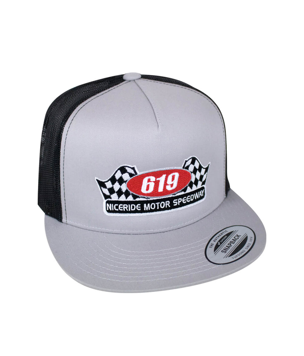 619 Motor Speedway trucker hat with embroidered design, gray and black color, stylish baseball cap by NICERIDE.