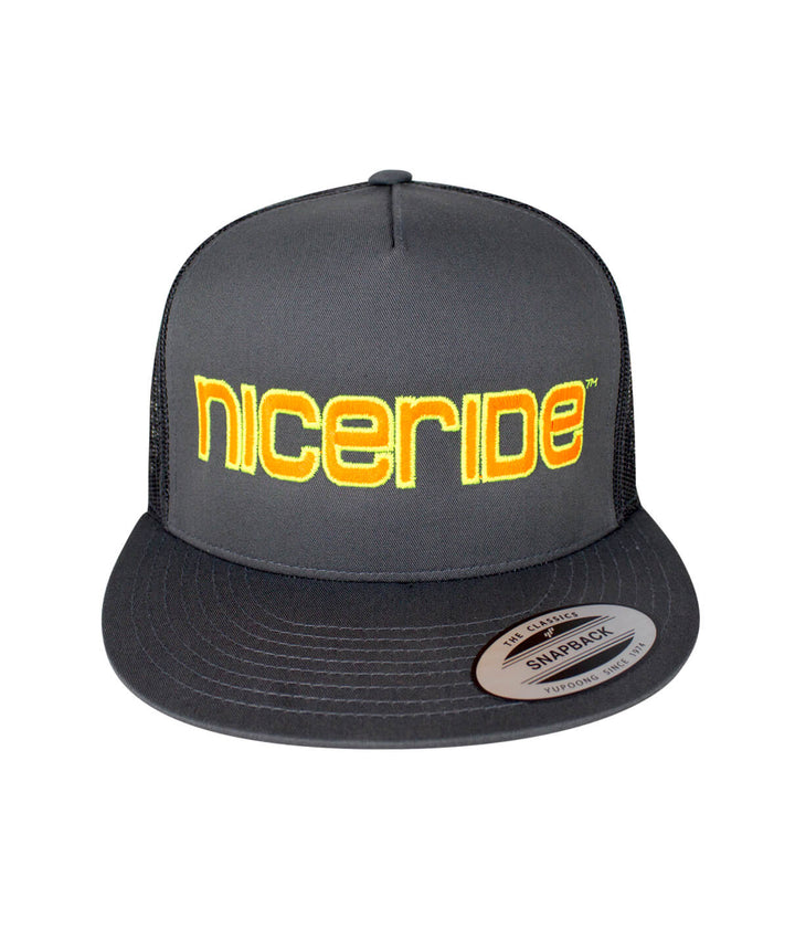 Bold Tower Charcoal Trucker Hat by NICERIDE, a stylish hat with embroidered design.