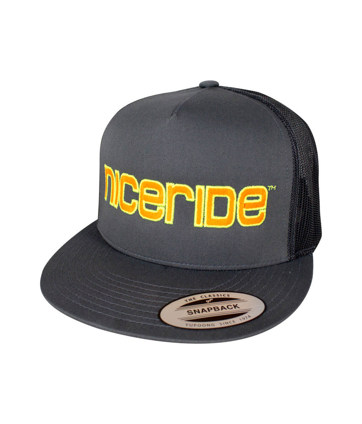 Bold Tower Charcoal Trucker Hat featuring NICERIDE logo, a stylish snapback hat for casual wear.