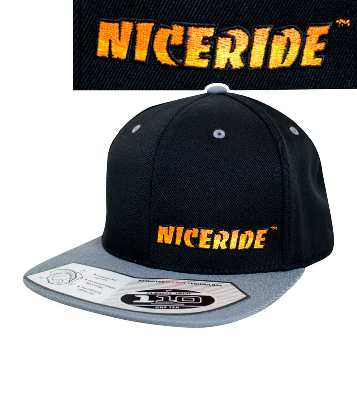 Classic NICERIDE 110F Snapback hat with embroidered logo in black and gray.