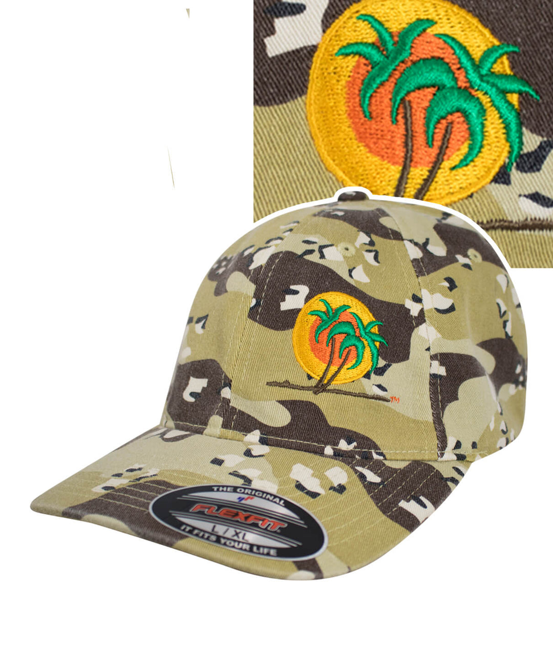 Classic Palm hat featuring a vibrant palm tree and sun design on a camo background.