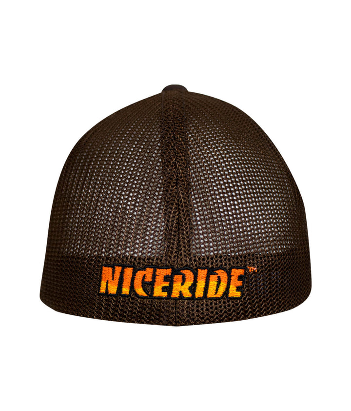 Back view of Classic Palm Meshback Flexfit Hat featuring NICERIDE logo embroidered on the band, perfect hat for casual wear.