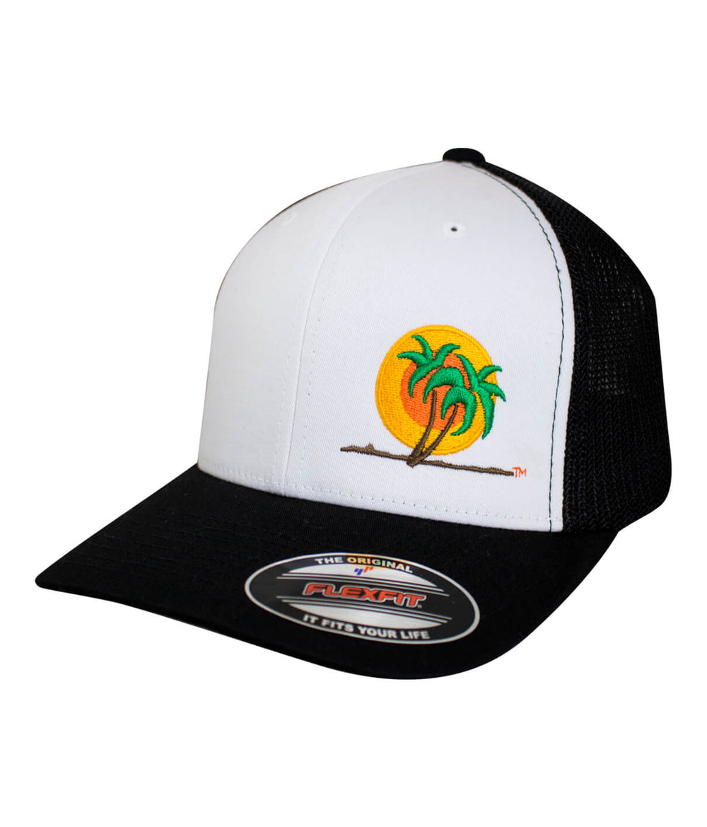 Classic Palm Meshback Flexfit Hat featuring palm logo on front and black mesh back, perfect for casual wear.