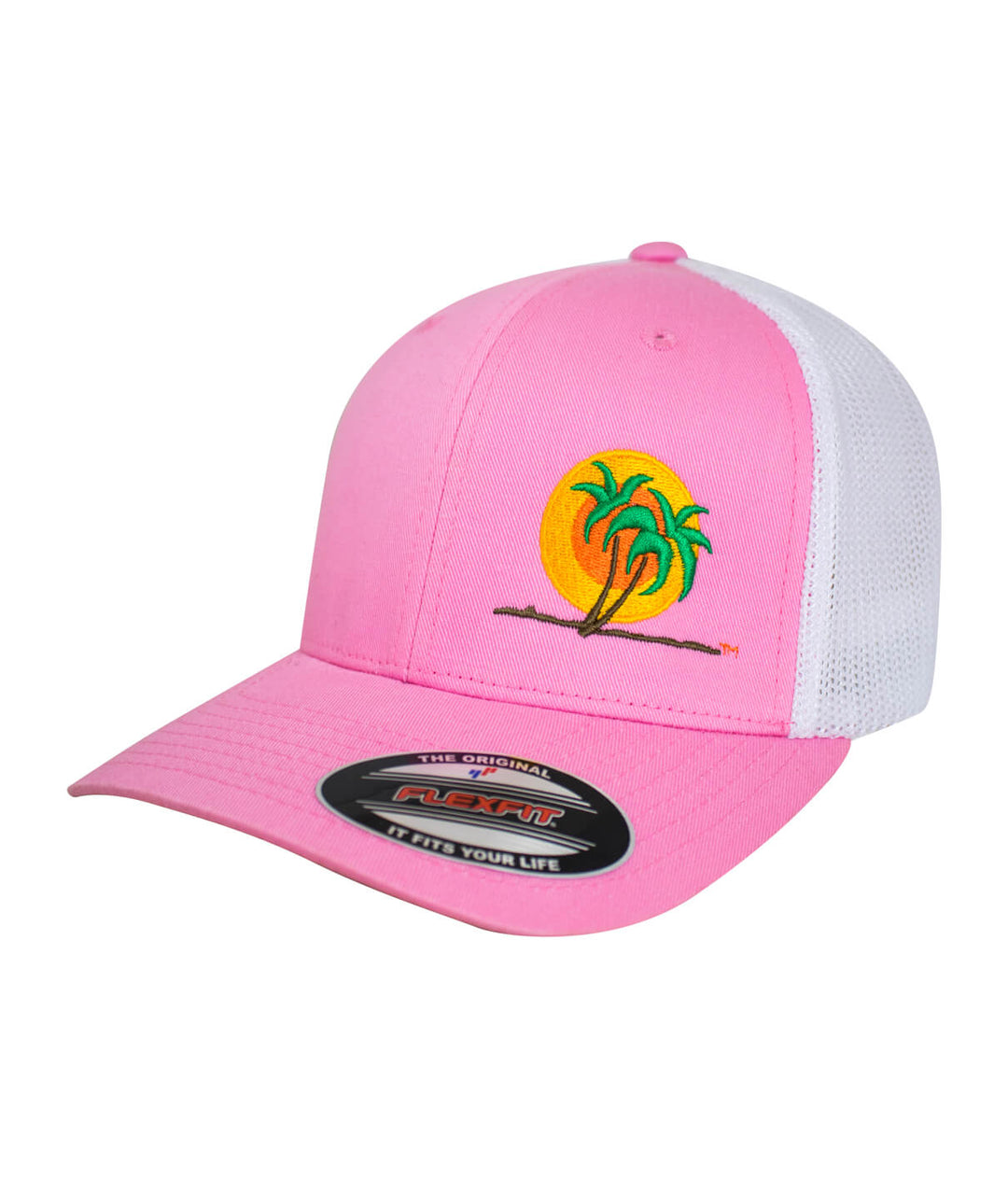 Classic Palm Meshback Flexfit Hat in pink featuring embroidered palm logo and sun design.