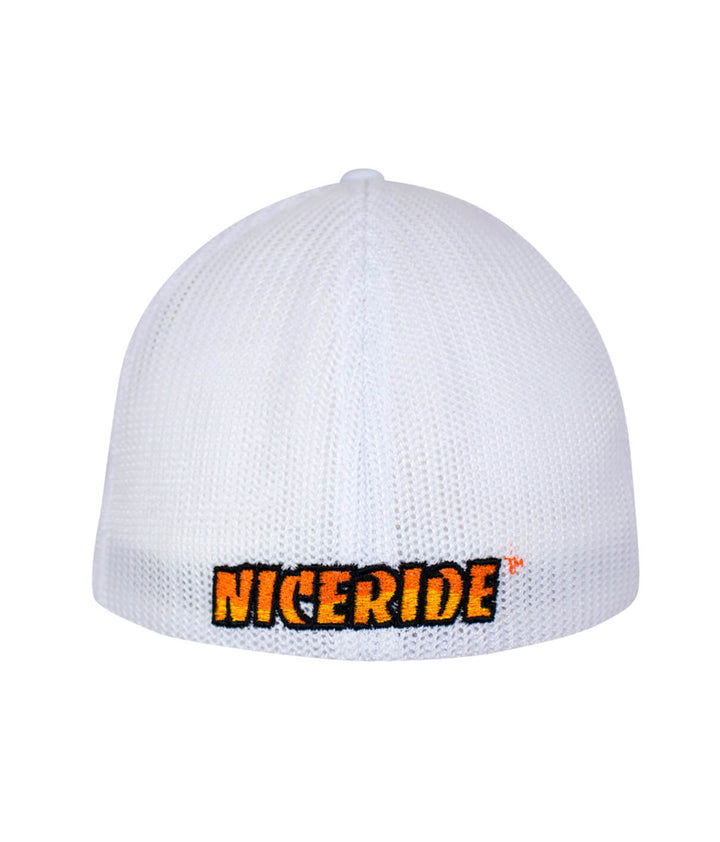 NICERIDE embroidered logo on the back of a white mesh hat, showcasing the classic cap design.