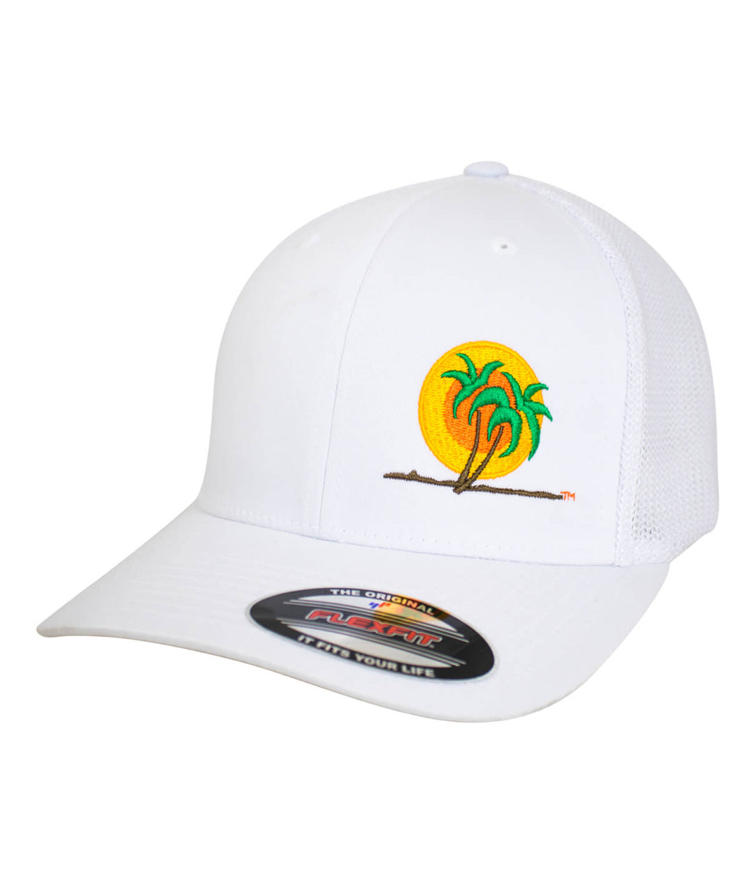 Classic Palm Meshback Flexfit Hat featuring embroidered palm logo on a white hat, perfect for stylish sun protection.