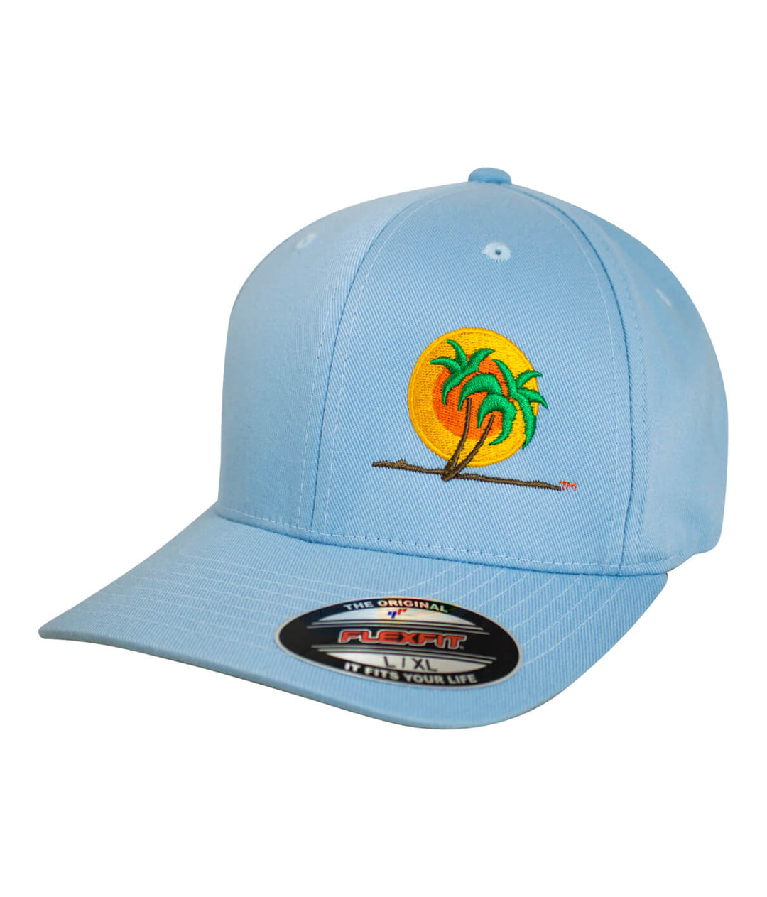 Classic Palm Flexfit hat with embroidered palm trees and sun design in a light blue color.