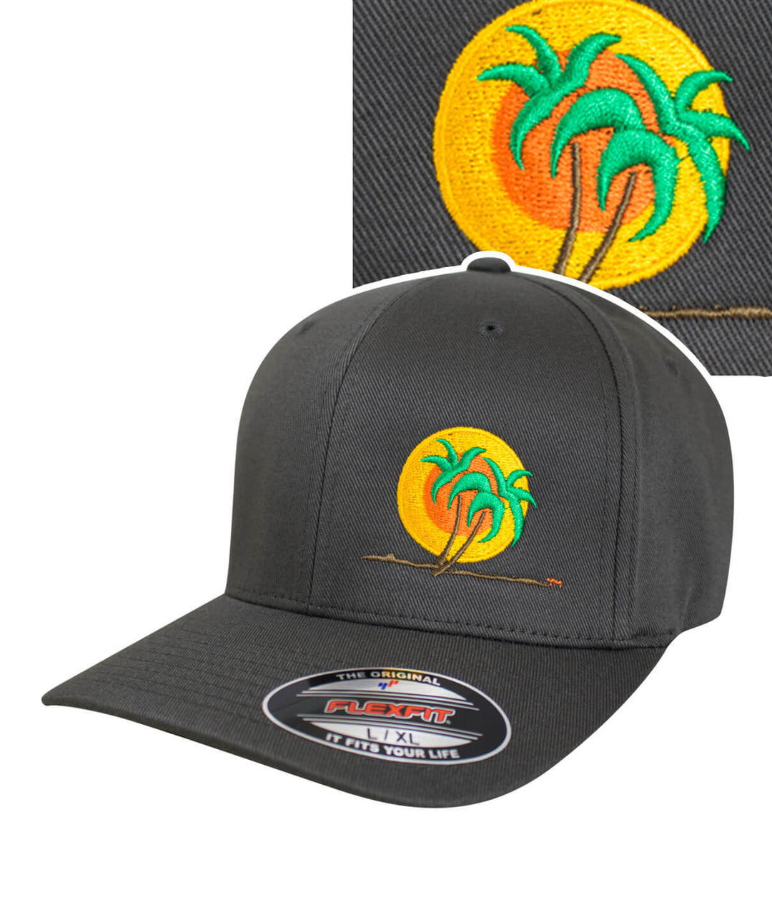 Classic Palm hat featuring palm tree embroidery on a black Flexfit cap.