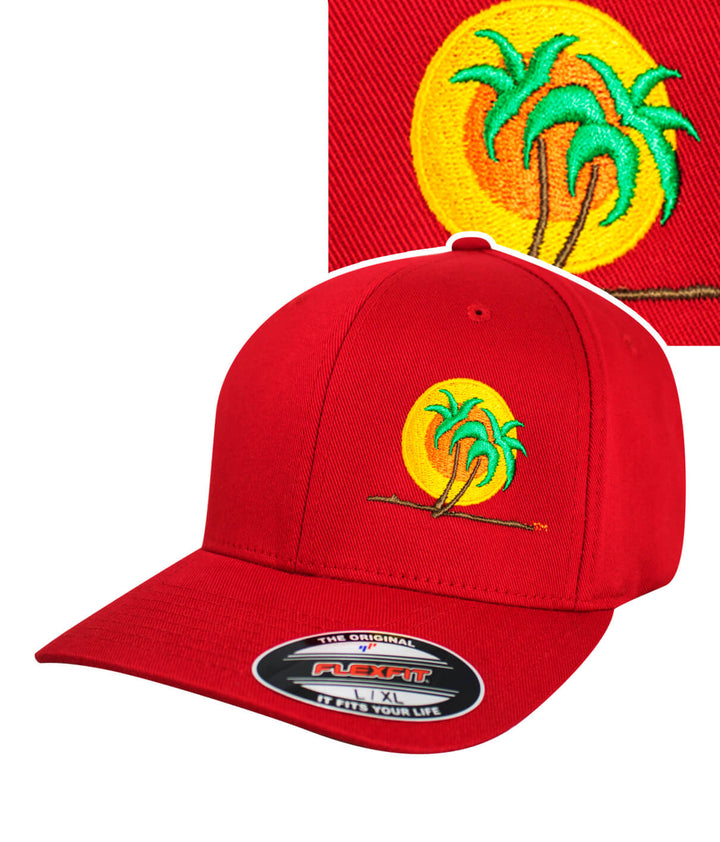 Classic Palm hat featuring embroidered palm trees and sun design on a red Flexfit baseball cap.