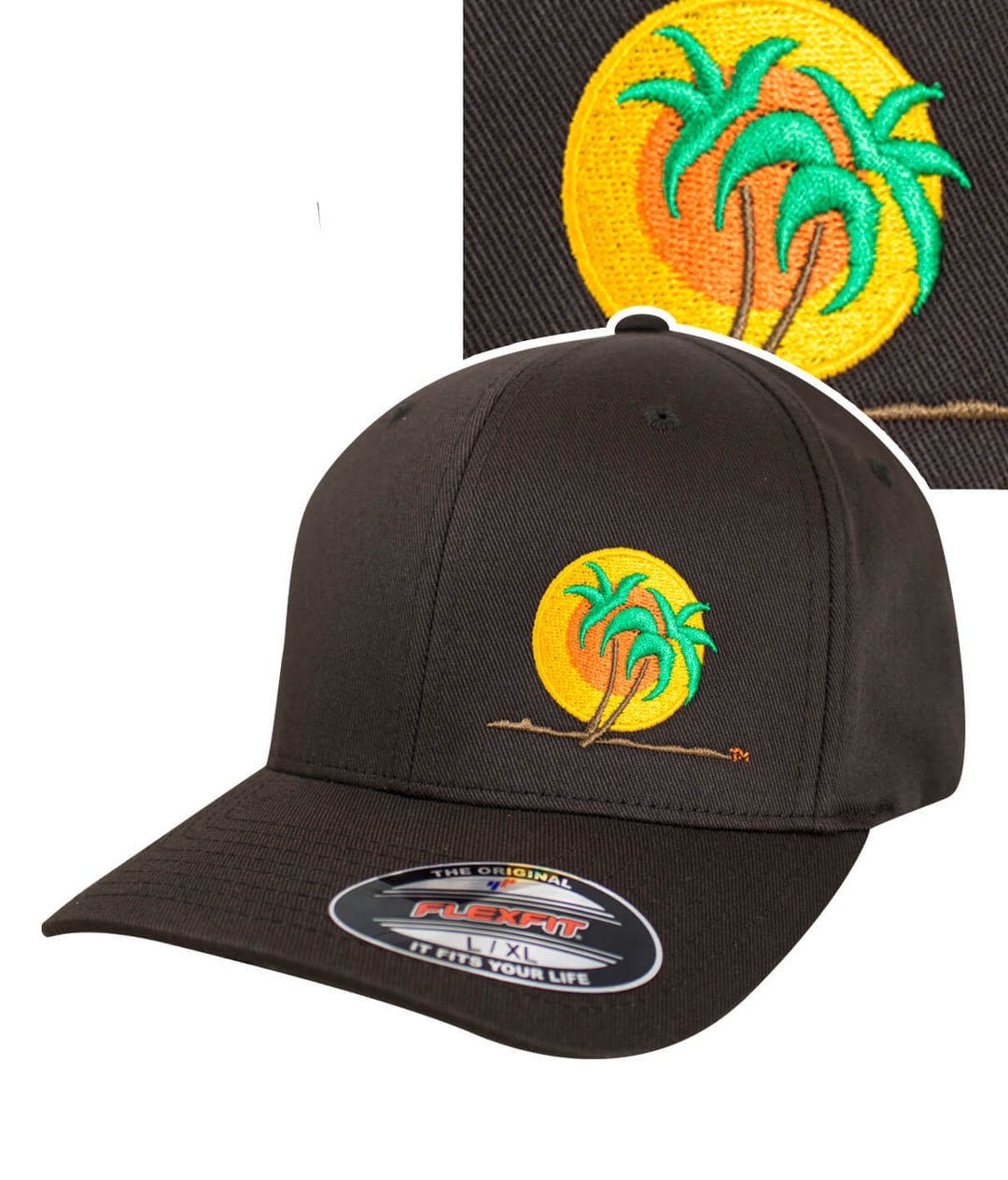 Classic Palm Flexfit hat featuring embroidered palm trees and sun design, front view of the stylish hat.