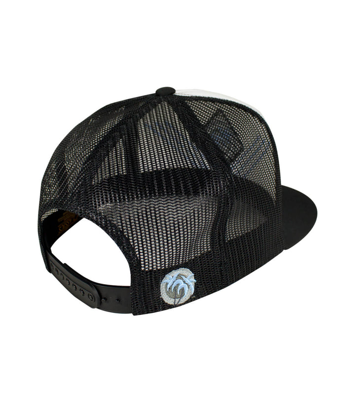 Back view of Diamond Head Trucker Hat showcasing black mesh design and embroidered palm logo. Perfect hat for casual wear.