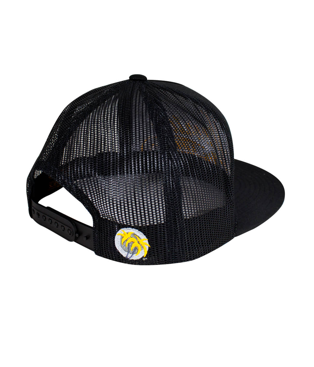 back view of The LIFE - Yellow trucker hat featuring black mesh and palm logo with yellow leaves.