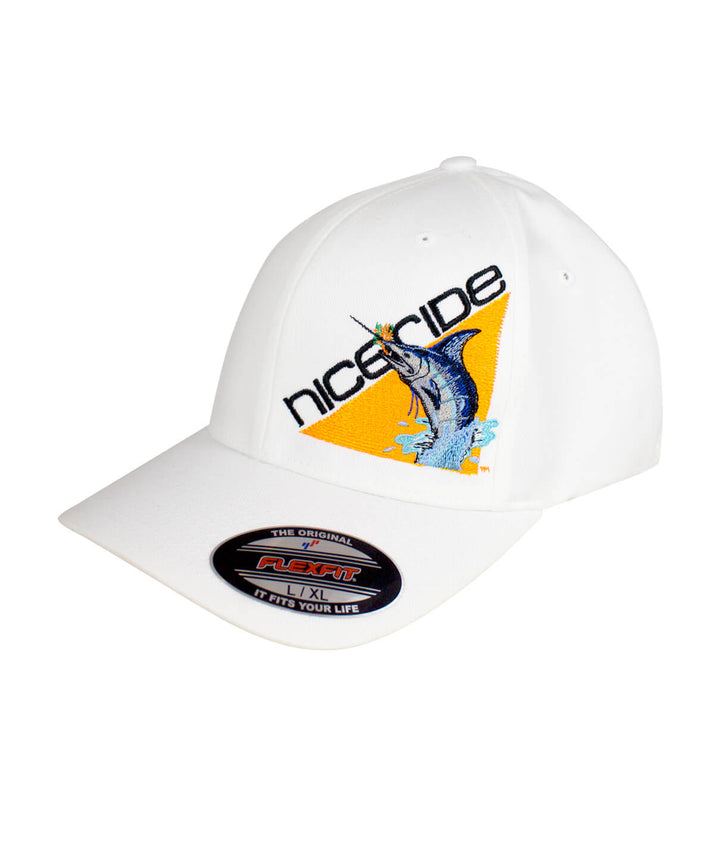 Hat featuring NICERIDE logo and vibrant fish design on a white background with Flexfit technology.