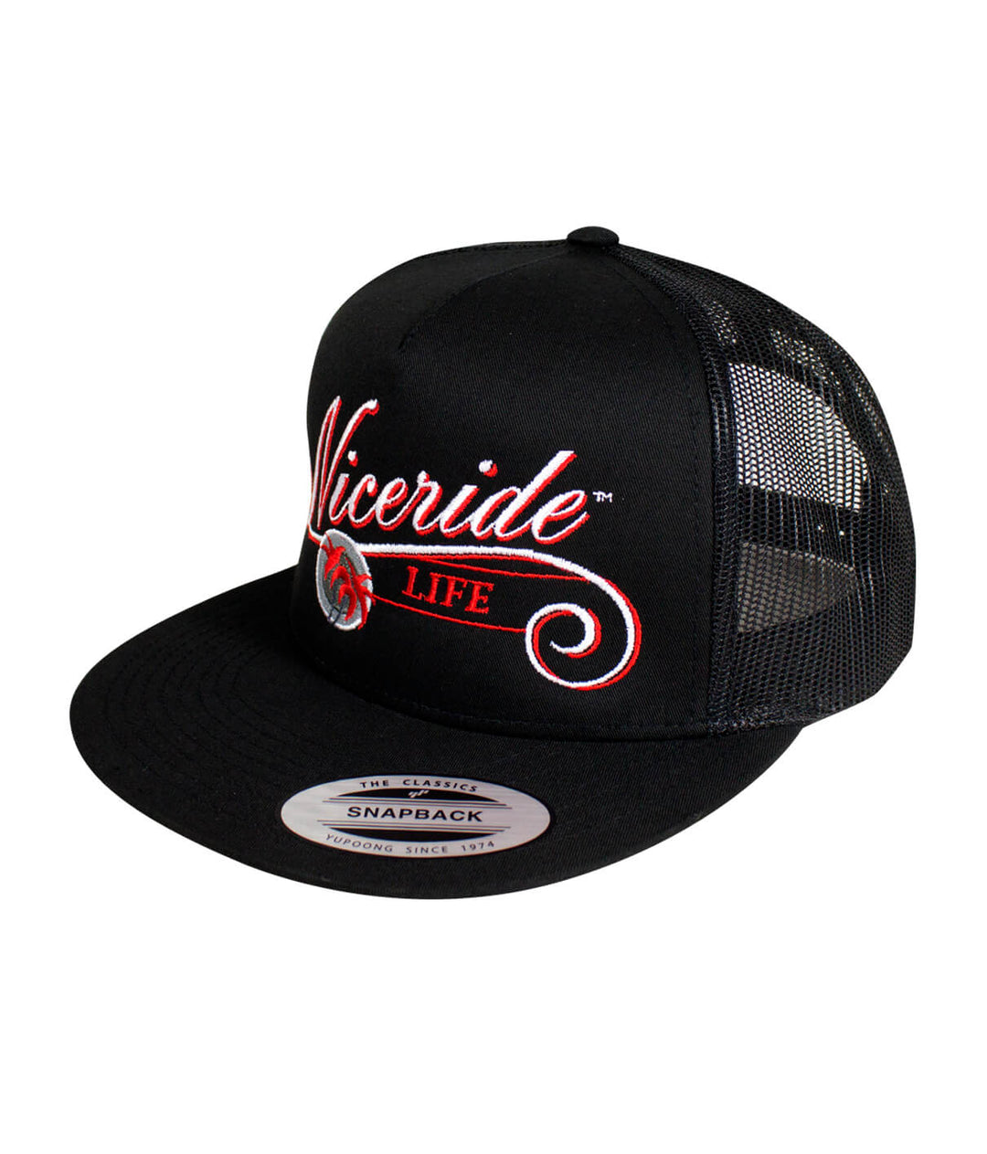The LIFE - Red trucker hat by NICERIDE with black mesh back and embroidered logo design.