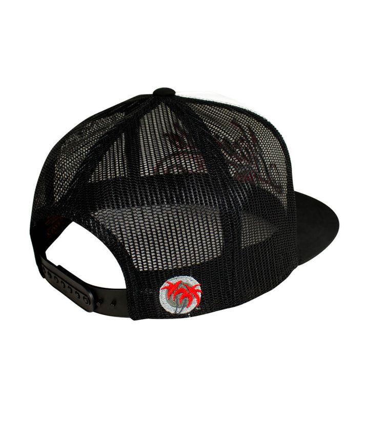 Back view of The LIFE - Red trucker hat featuring a black mesh design and palm logo embroidered on the back.