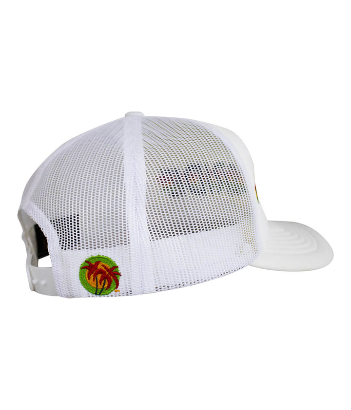 Back view of the Lion Tamer Foam Trucker Cap, showcasing the Blacked Out Classic Palm Logo and mesh design.