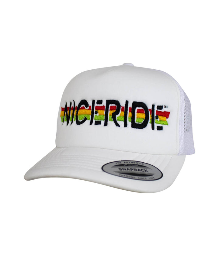 Lion Tamer Foam Trucker Cap featuring NICERIDE logo in vibrant colors, perfect hat for stylish summer wear.