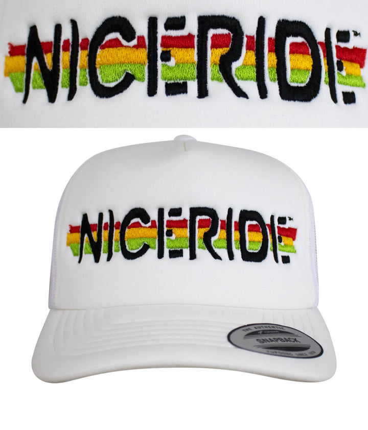 White foam trucker hat featuring NICERIDE logo with colorful embroidery on front panel.