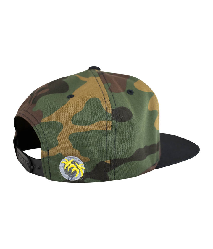 3 Inch Snapback Hat with camo design and pill logo embroidered on the back right side.