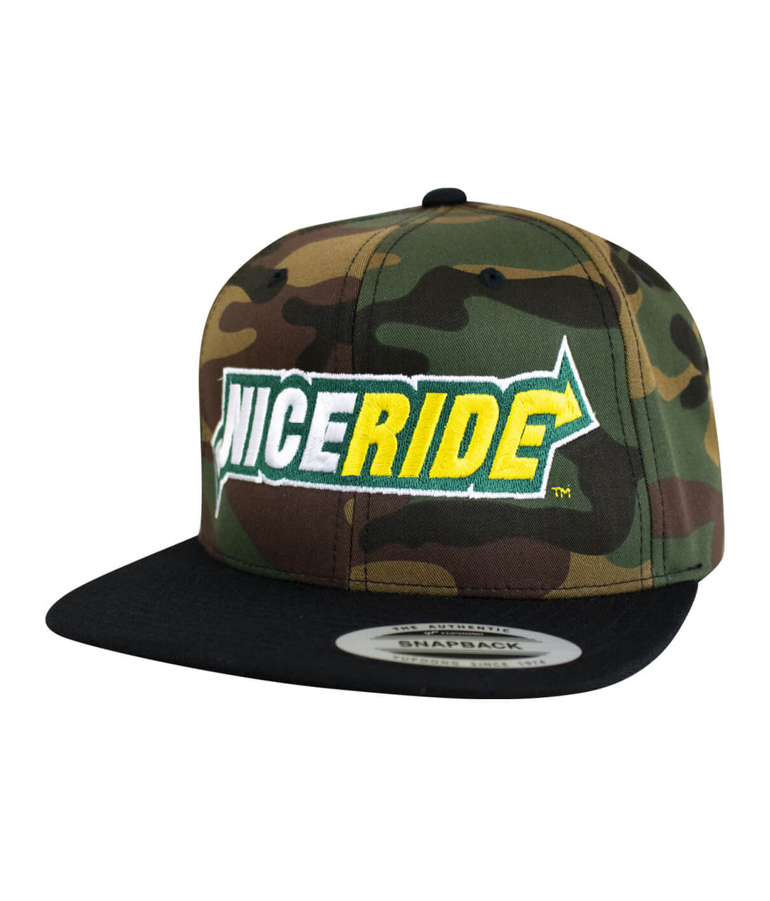 3 Inch Snapback Hat featuring a camouflage design and NICERIDE logo on the front panel.