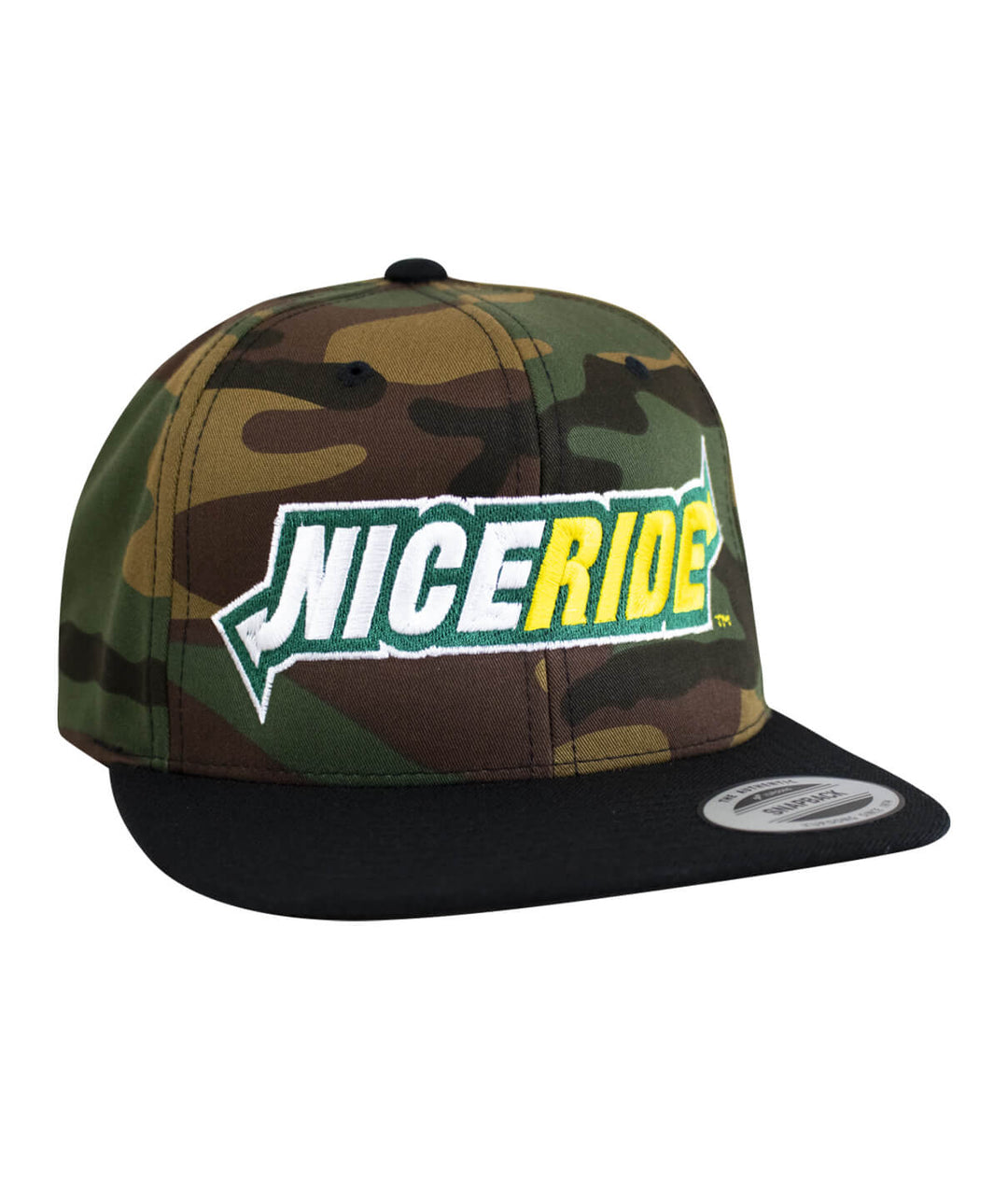 3 Inch Snapback Hat featuring NICERIDE logo on front panel with camo pattern design.