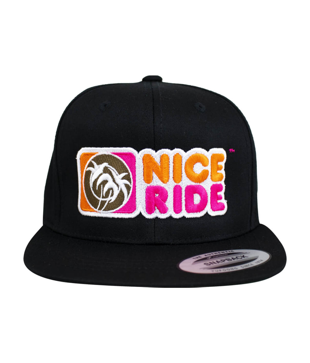 youth snapback hat featuring NICERIDE's Glazzed design embroidered on a black cap.