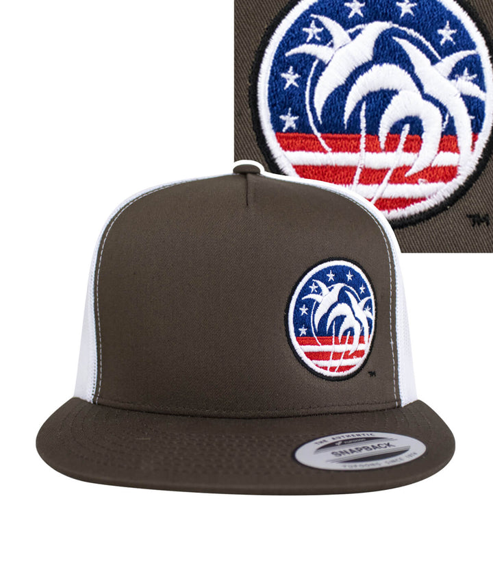 Spirit of 76-LP Trucker Hat featuring NICERIDE logo, front view of the hat with embroidered design, 6006 classic snapback trucker hat