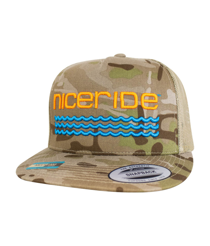 On The Water Unisex Trucker Baseball Cap, featuring 3D embroidered design, perfect for outdoor lovers, stylish hat.