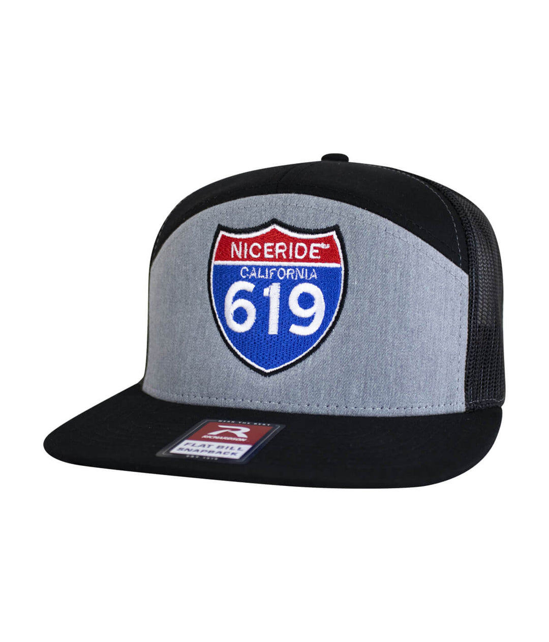 Interstate 619 7 Panel Trucker Snapback Hat For Men And Women with embroidered design and black mesh back.