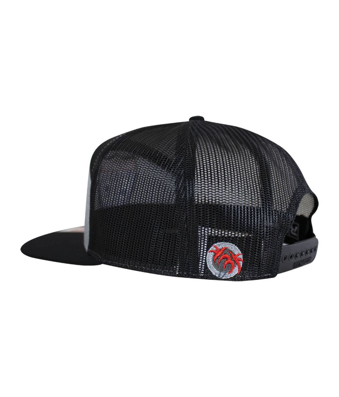 Interstate 619 7 Panel Trucker Snapback Hat For Men And Women, showing back view with mesh design and embroidered logo.