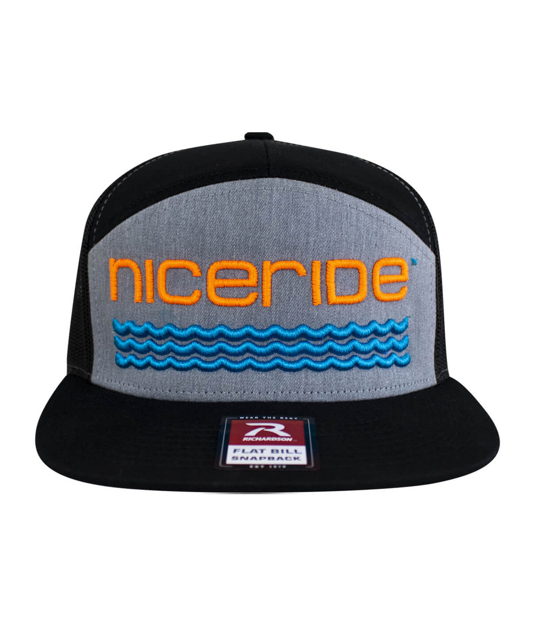 On The Water - 3D Center trucker snapback cap featuring NICERIDE logo and wave design in neon orange.