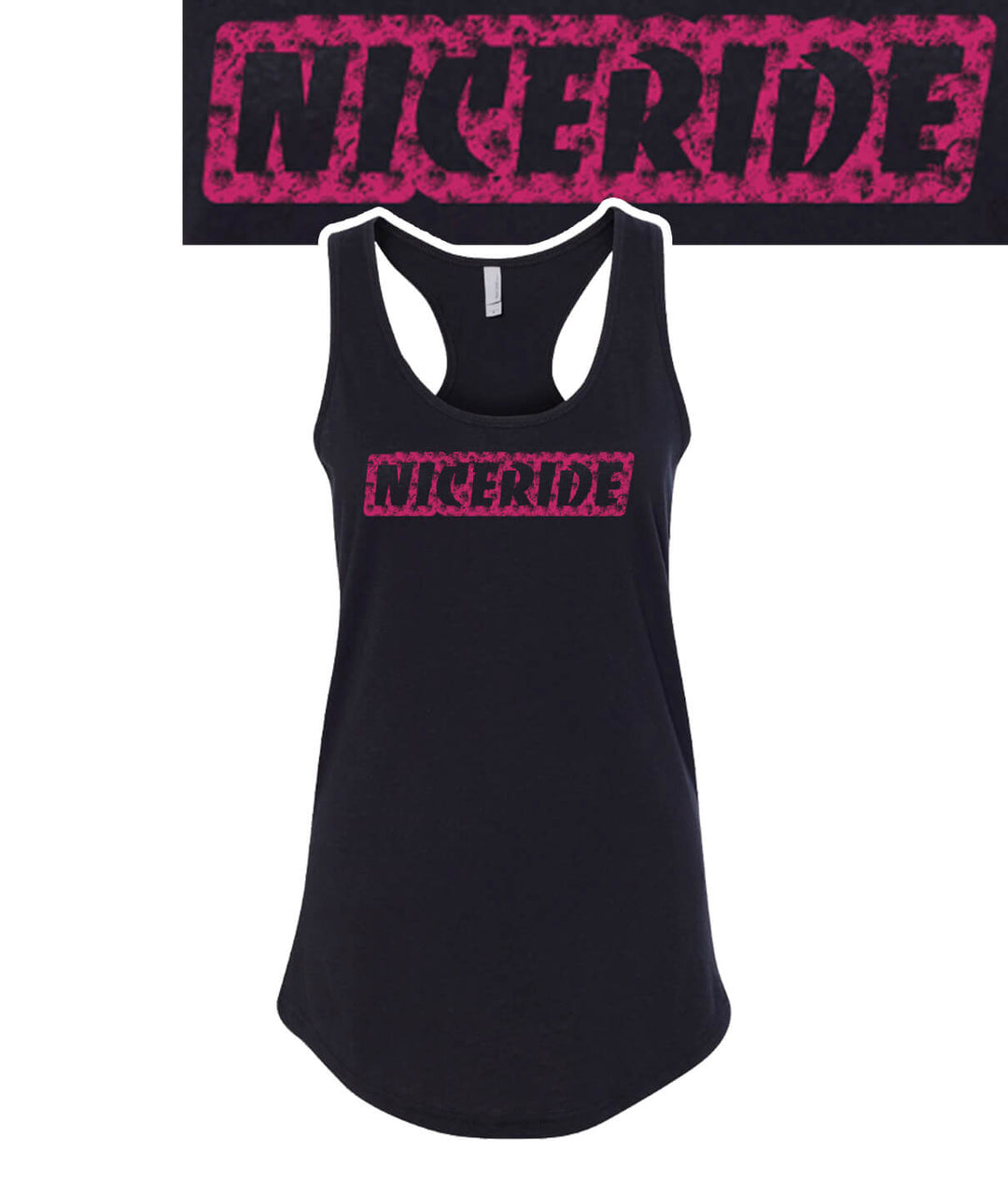 Venice Next Level Women's Racerback Tank Top in black with NICERIDE logo design printed on front.